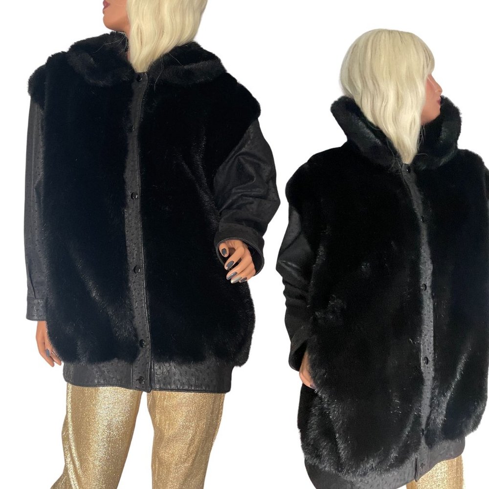 1980s Vintage Mob Wife Faux Fur Leather Glam Jacket Coat Oversized